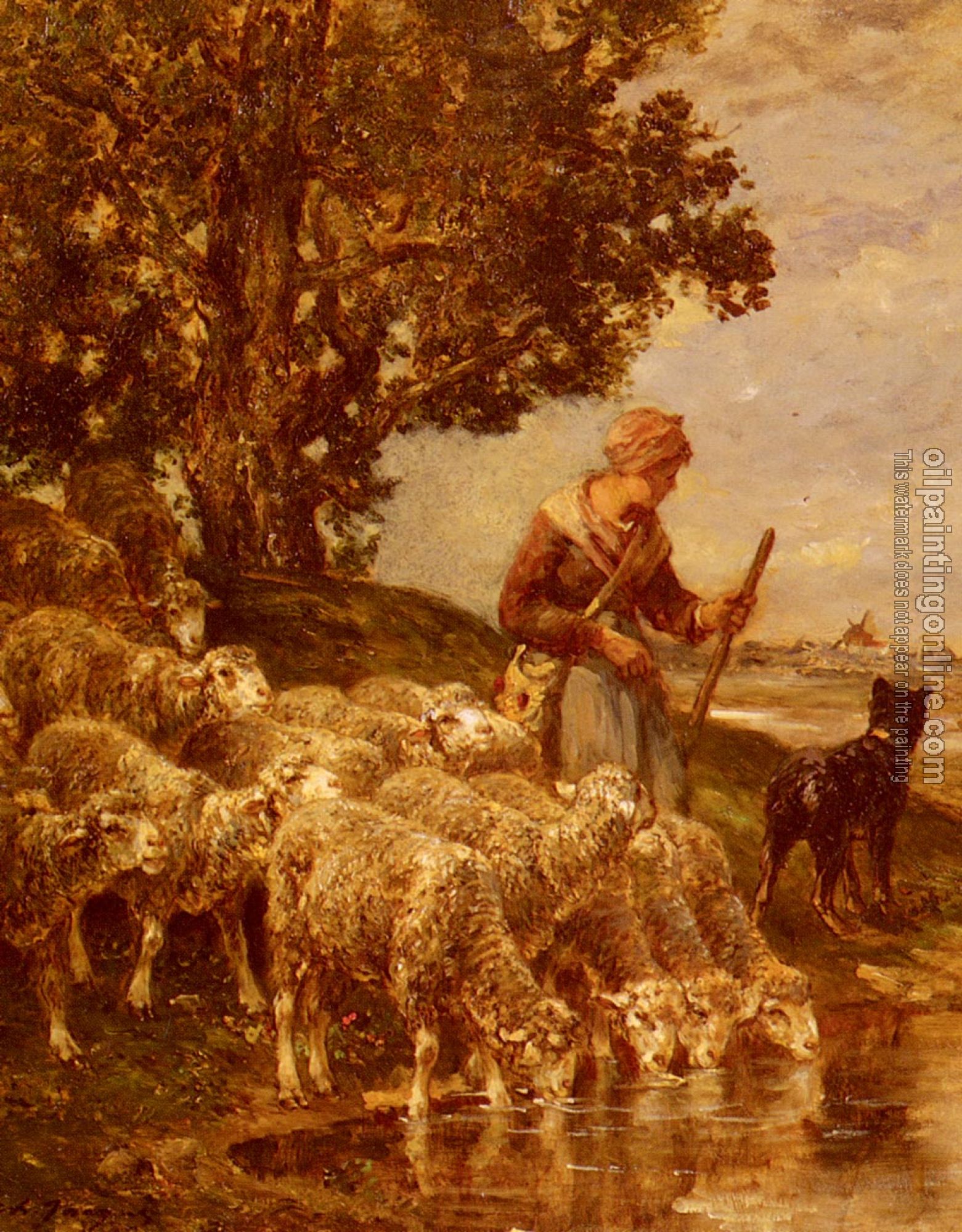 Charles Emile Jacque - A Shepardess Watering Her Flock